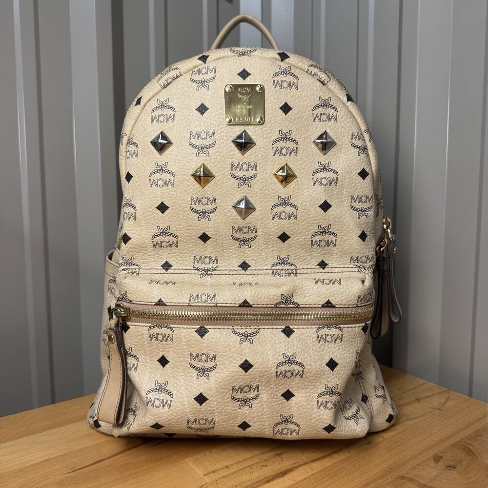 MCM Stark Pyramid Studded Backpack Beige Off White Visetos Medium MMK2AVE01IG001